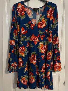 Forever 21 Blue Floral Midi Dress with Red-Orange Flowers and Bell Sleeves